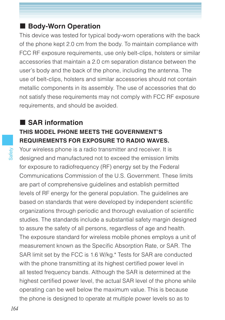Body-worn operation, Sar information | Casio G'zOne Rock User Manual | Page 165 / 201
