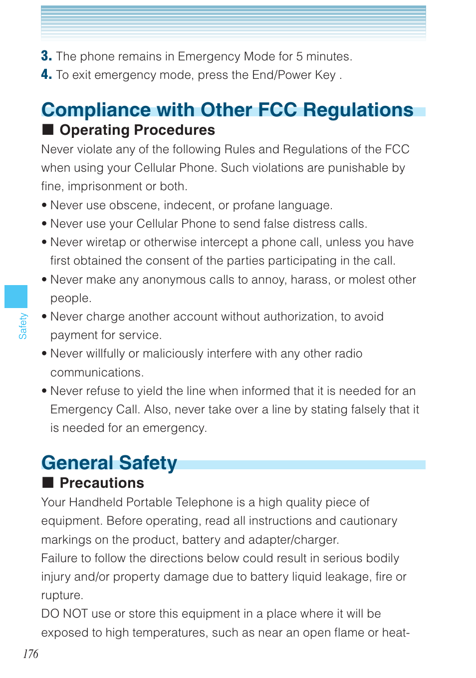 Compliance with other fcc regulations, General safety, Operating procedures | Precautions | Casio G'zOne Rock User Manual | Page 177 / 201