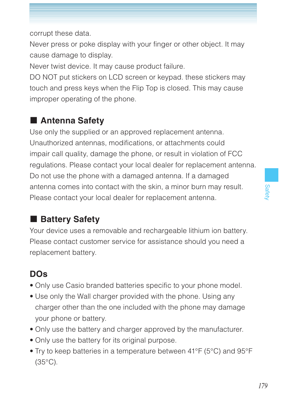 Antenna safety, Battery safety | Casio G'zOne Rock User Manual | Page 180 / 201