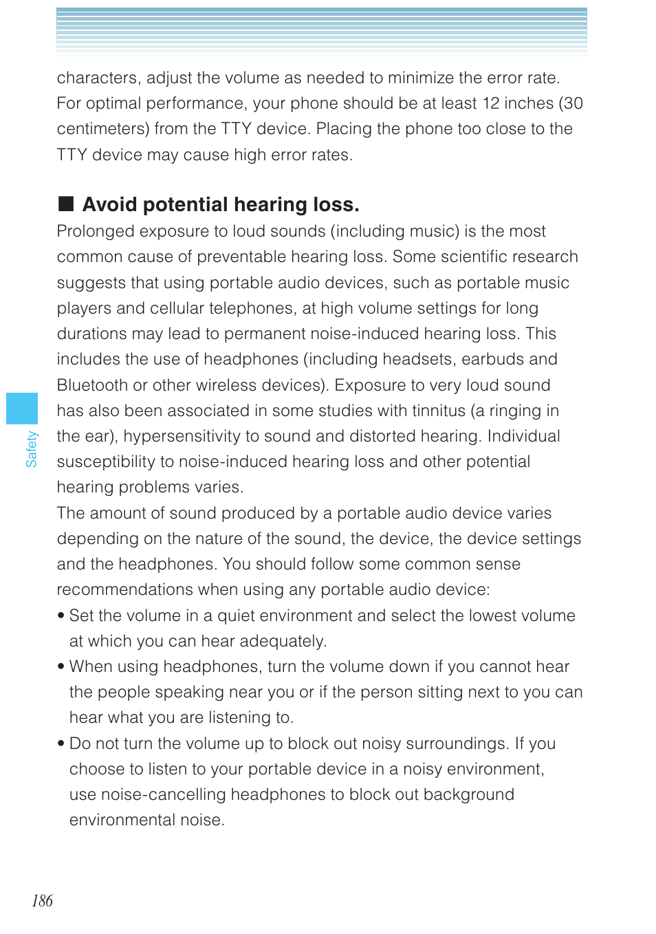 Avoid potential hearing loss | Casio G'zOne Rock User Manual | Page 187 / 201