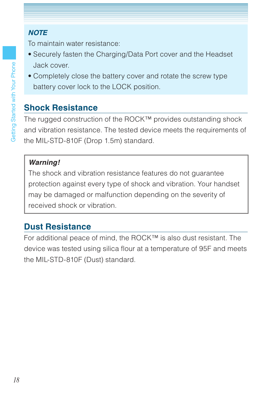 Shock resistance, Dust resistance | Casio G'zOne Rock User Manual | Page 19 / 201