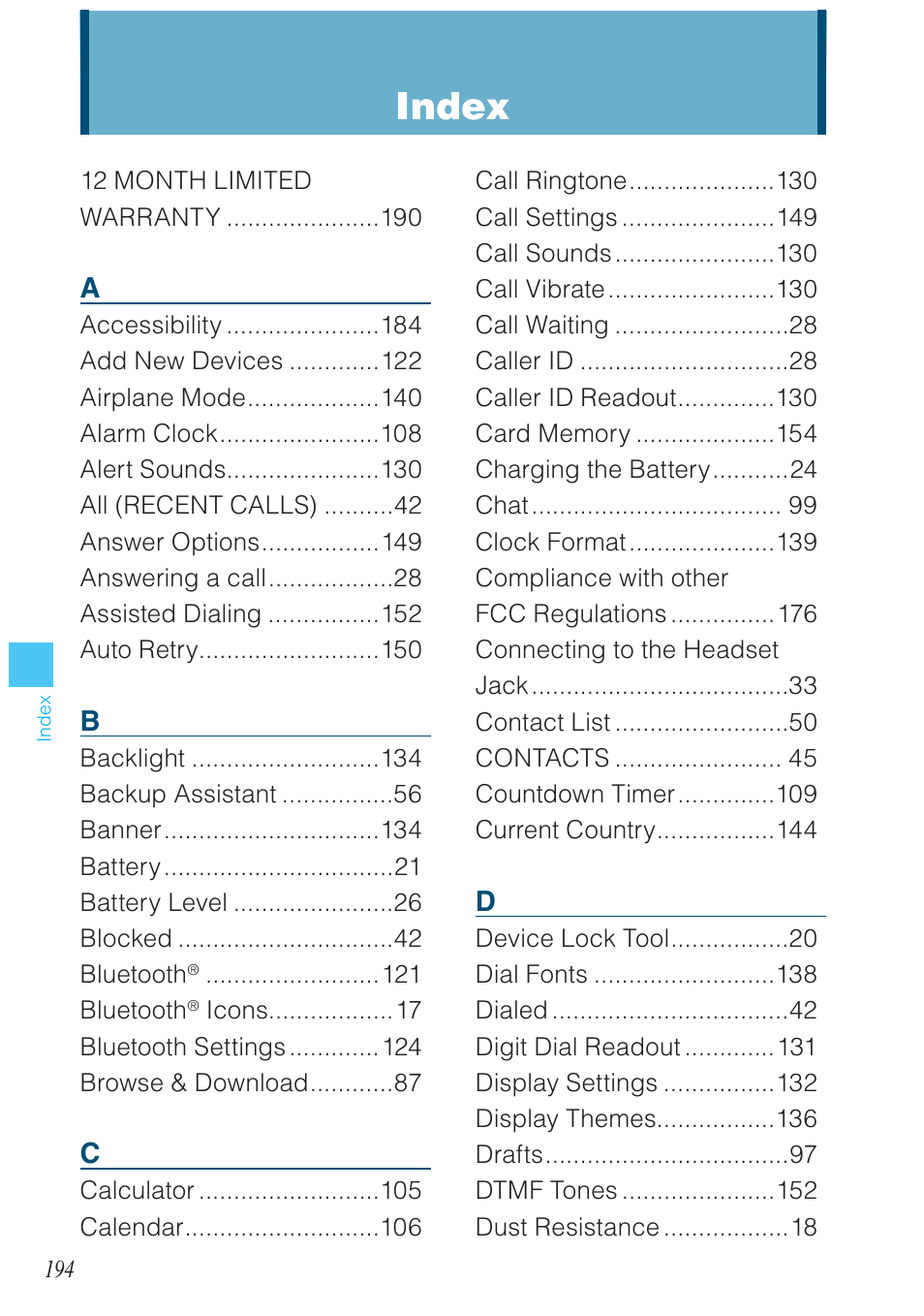 Index | Casio G'zOne Rock User Manual | Page 195 / 201