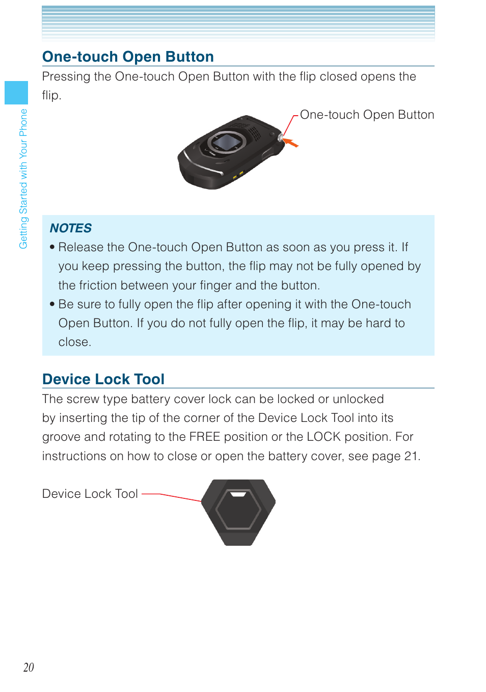 One-touch open button, Device lock tool | Casio G'zOne Rock User Manual | Page 21 / 201