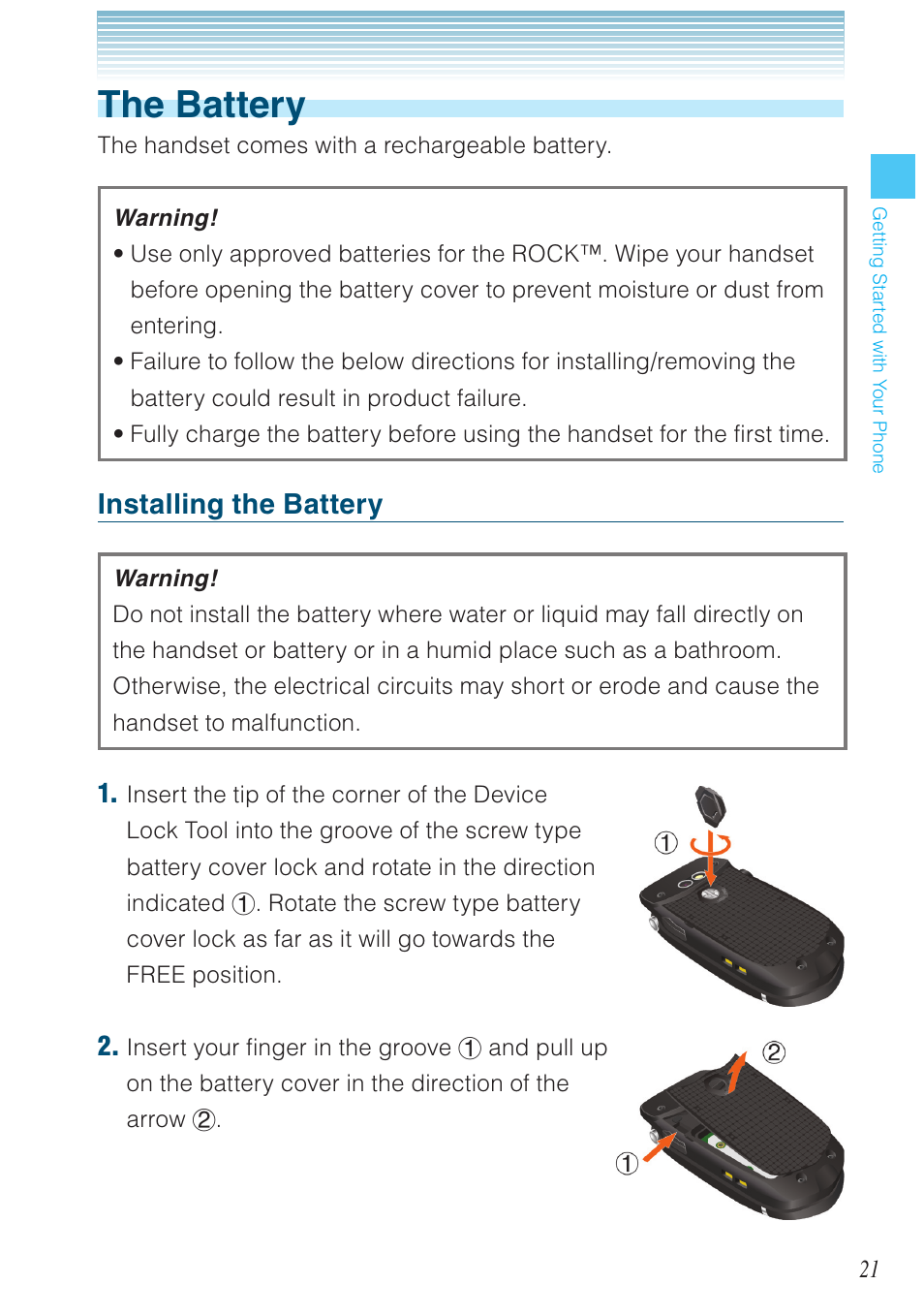 The battery, Installing the battery | Casio G'zOne Rock User Manual | Page 22 / 201