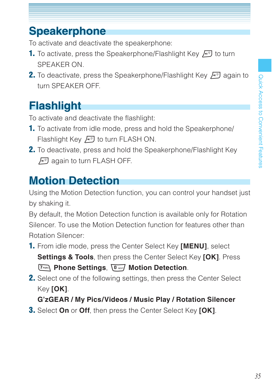 Speakerphone, Flashlight, Motion detection | Casio G'zOne Rock User Manual | Page 36 / 201