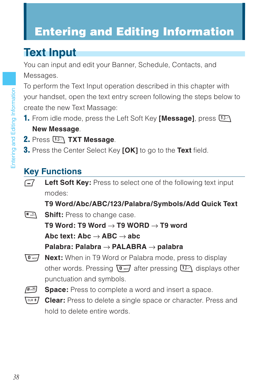 Text input, Entering and editing information, Key functions | Casio G'zOne Rock User Manual | Page 39 / 201