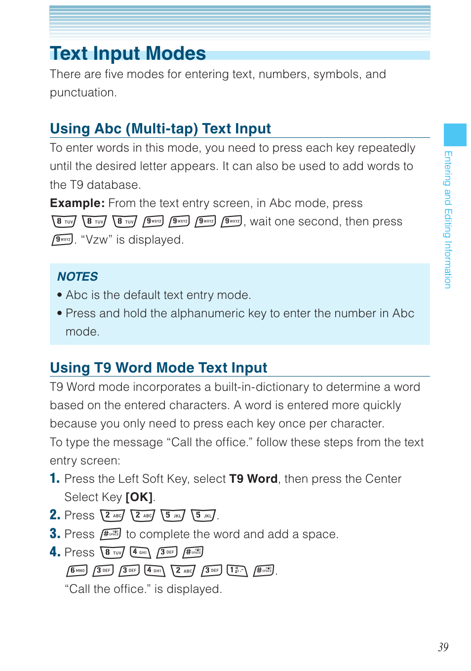 Text input modes, Using abc (multi-tap) text input, Using t9 word mode text input | Casio G'zOne Rock User Manual | Page 40 / 201
