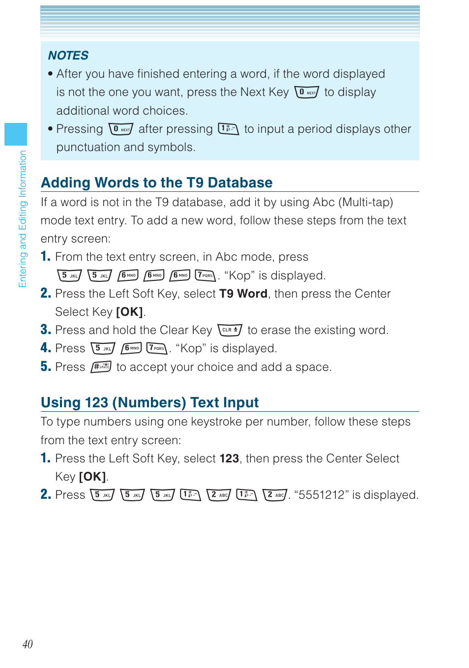 Adding words to the t9 database, Using 123 (numbers) text input | Casio G'zOne Rock User Manual | Page 41 / 201