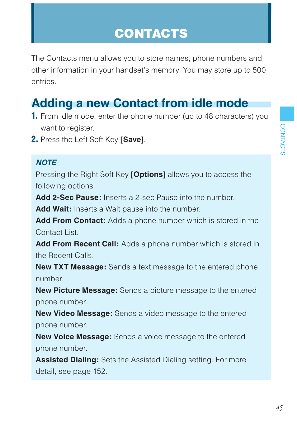 Adding a new contact from idle mode, Contacts | Casio G'zOne Rock User Manual | Page 46 / 201