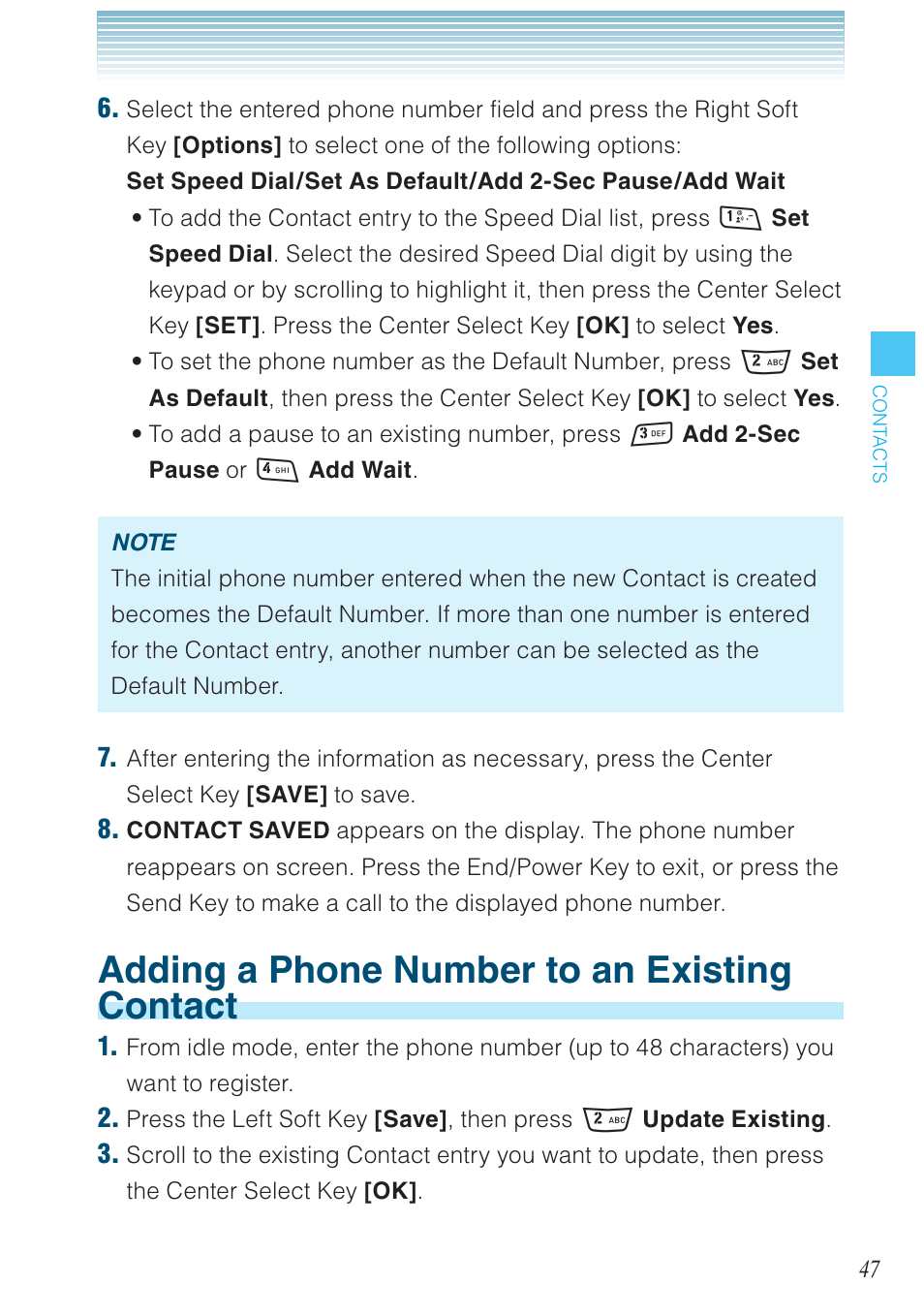 Adding a phone number to an existing contact | Casio G'zOne Rock User Manual | Page 48 / 201