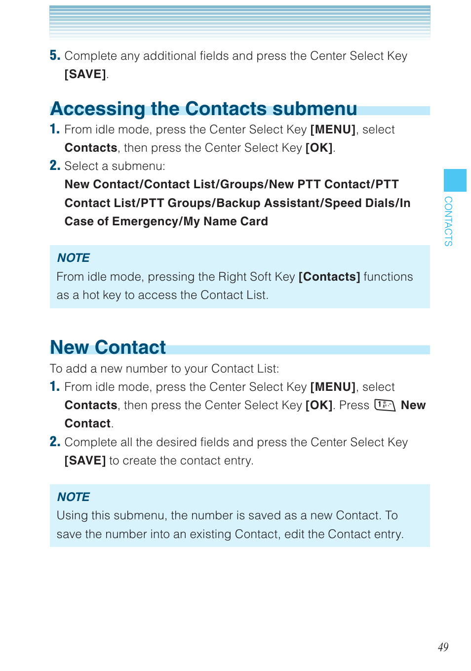 Accessing the contacts submenu, New contact | Casio G'zOne Rock User Manual | Page 50 / 201