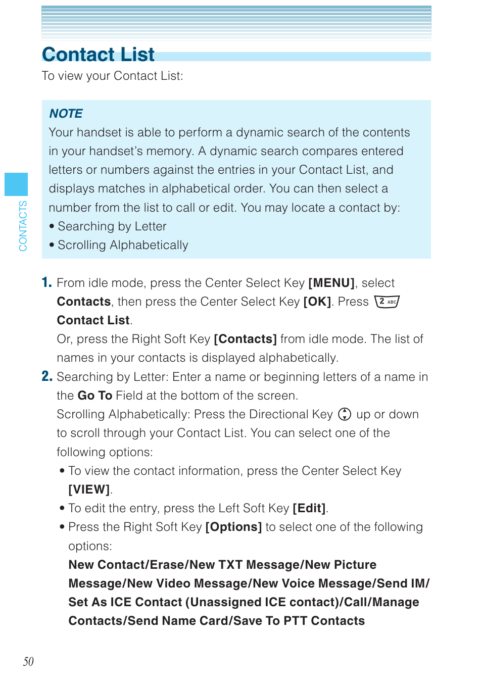 Contact list | Casio G'zOne Rock User Manual | Page 51 / 201