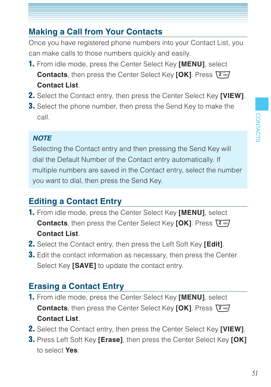 Making a call from your contacts, Editing a contact entry, Erasing a contact entry | Casio G'zOne Rock User Manual | Page 52 / 201