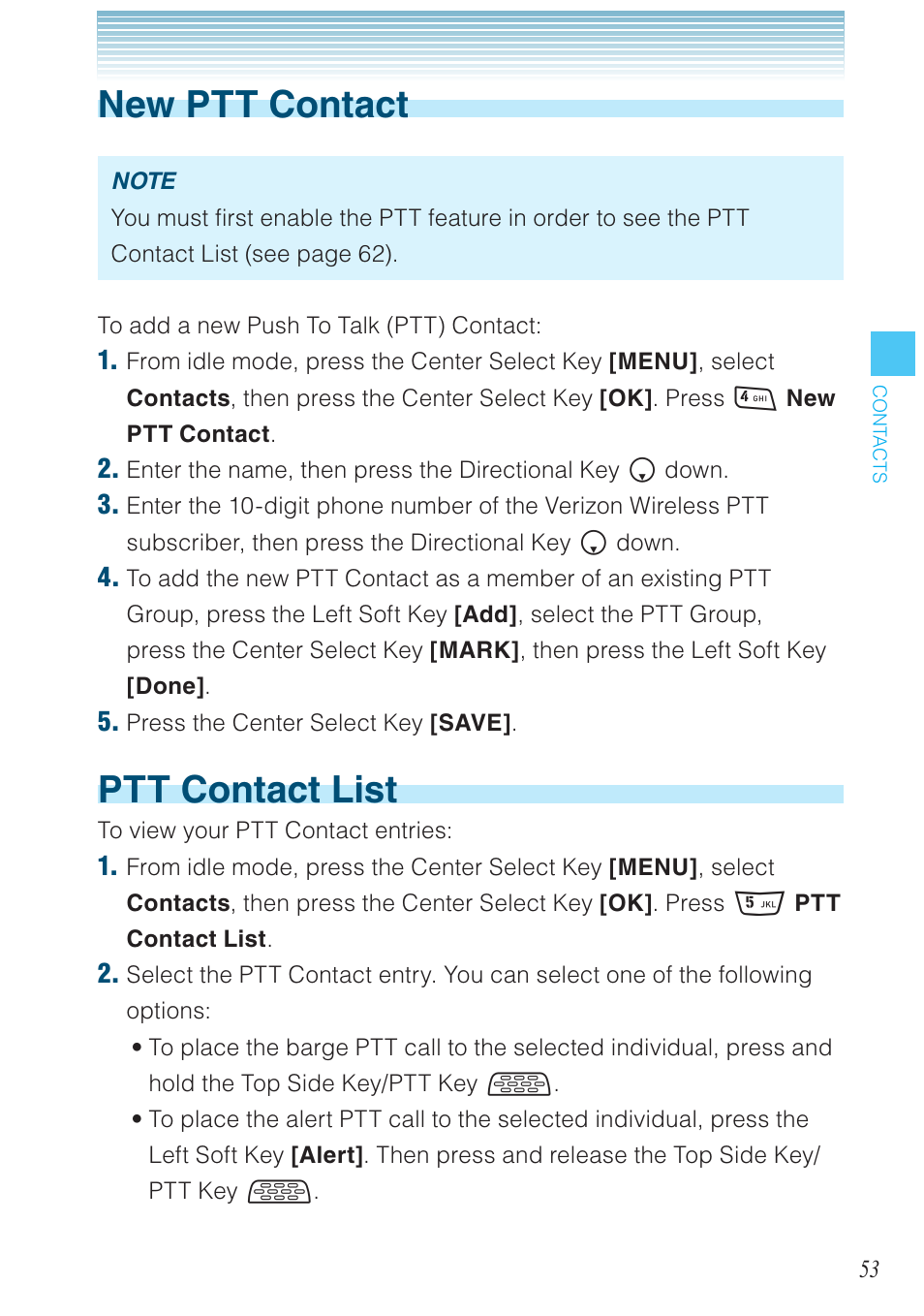 New ptt contact, Ptt contact list | Casio G'zOne Rock User Manual | Page 54 / 201