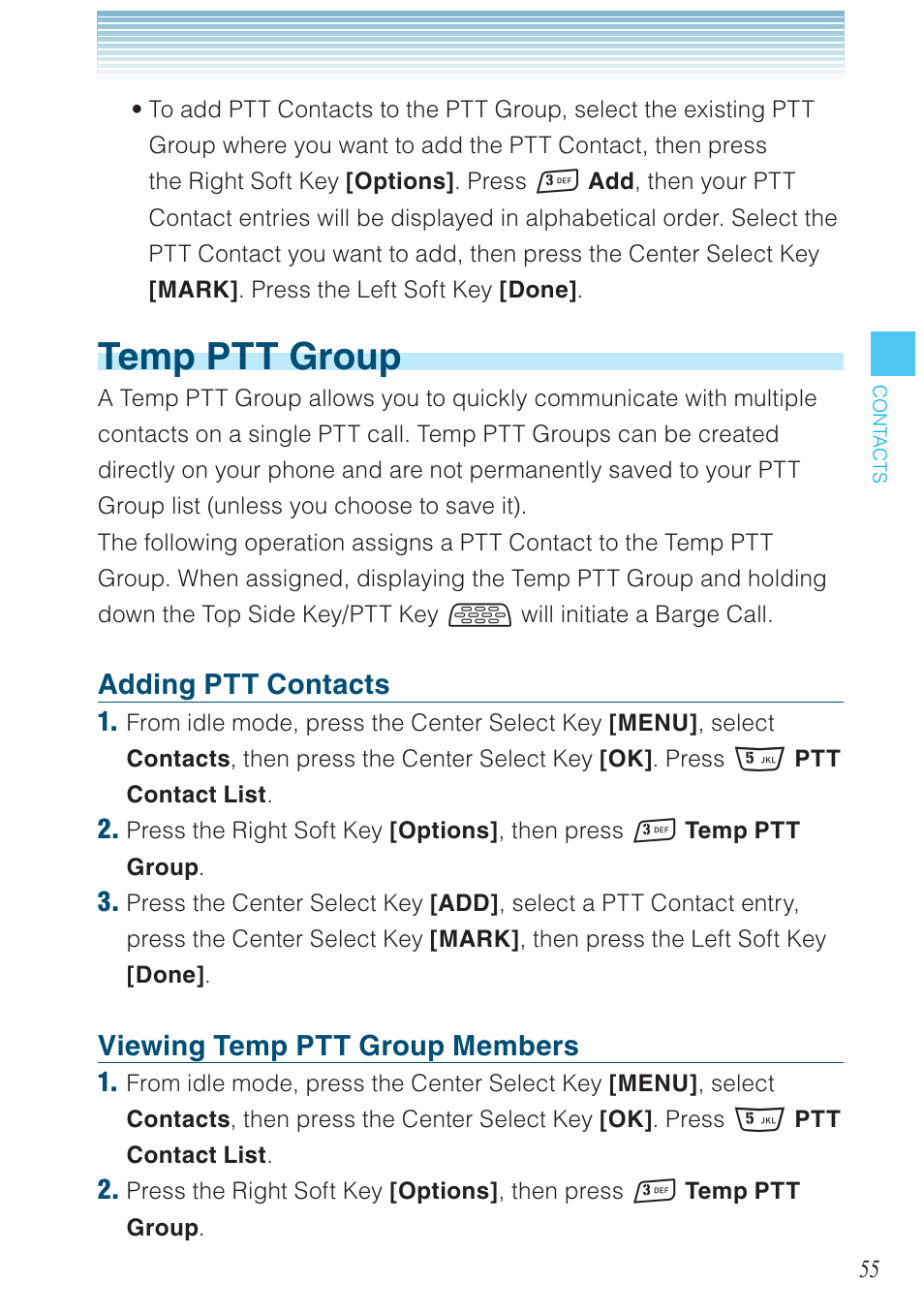 Temp ptt group, Adding ptt contacts, Viewing temp ptt group members | Casio G'zOne Rock User Manual | Page 56 / 201