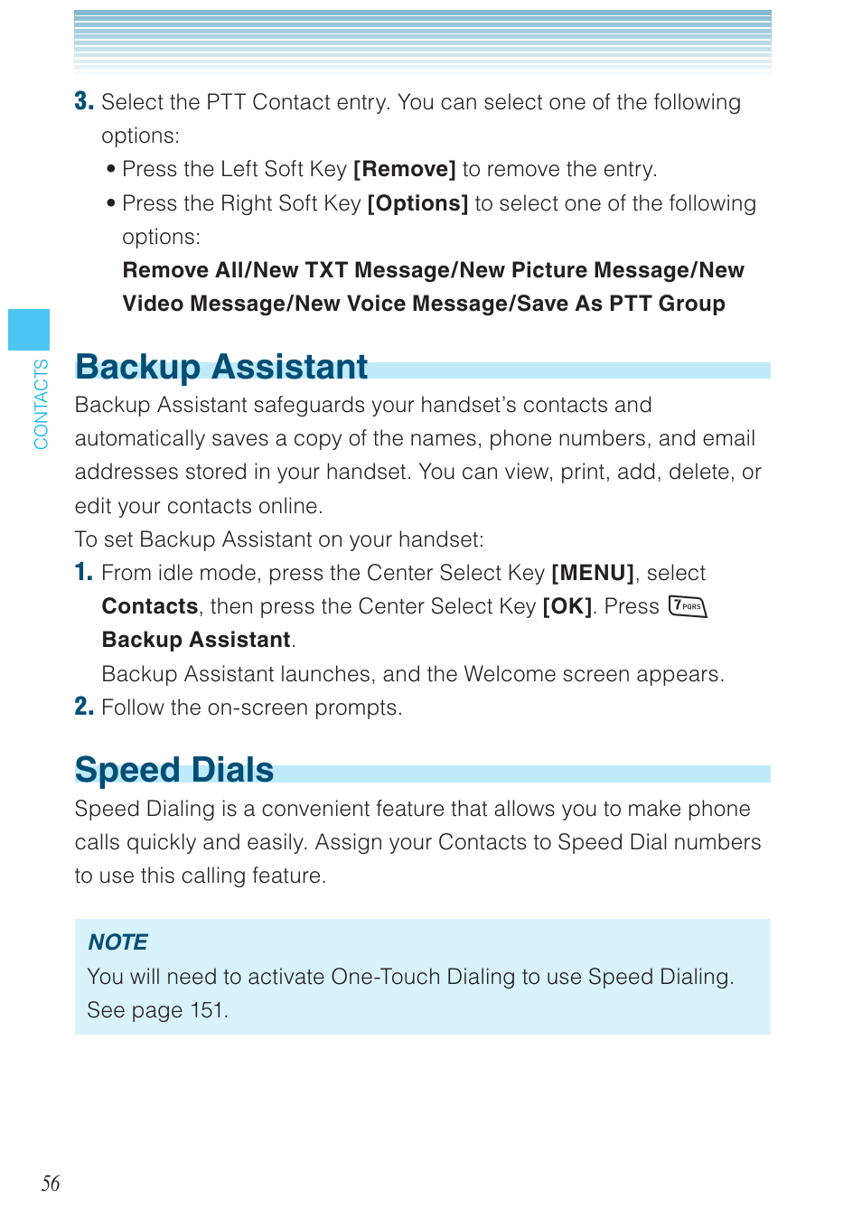 Backup assistant, Speed dials | Casio G'zOne Rock User Manual | Page 57 / 201