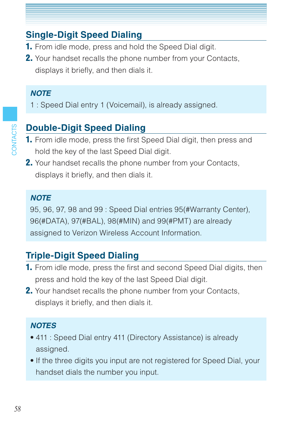 Single-digit speed dialing, Double-digit speed dialing, Triple-digit speed dialing | Casio G'zOne Rock User Manual | Page 59 / 201