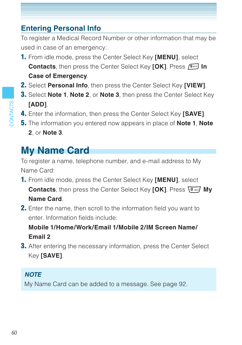My name card, Entering personal info | Casio G'zOne Rock User Manual | Page 61 / 201
