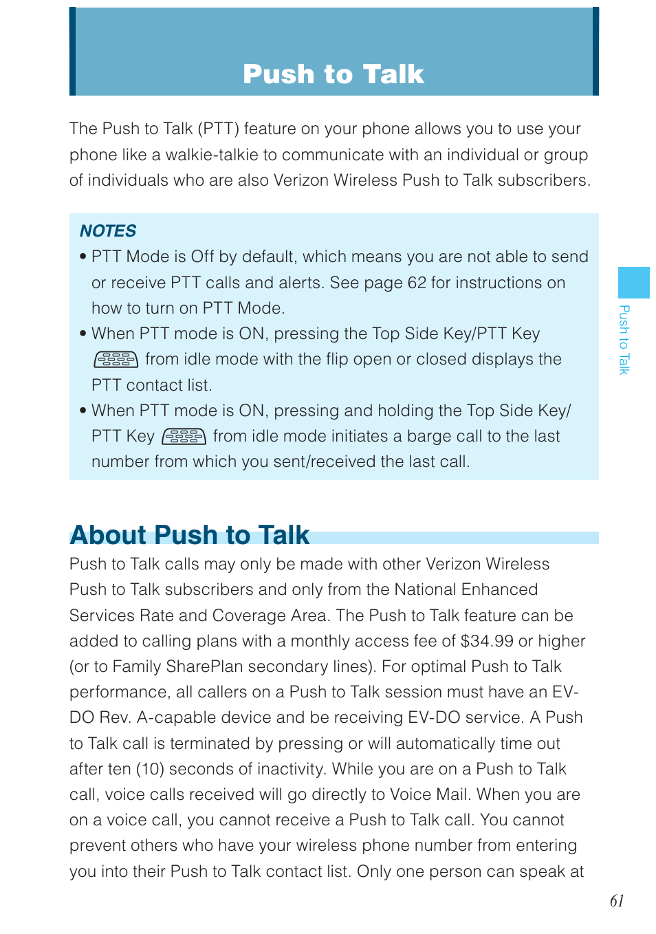 About push to talk, Push to talk | Casio G'zOne Rock User Manual | Page 62 / 201