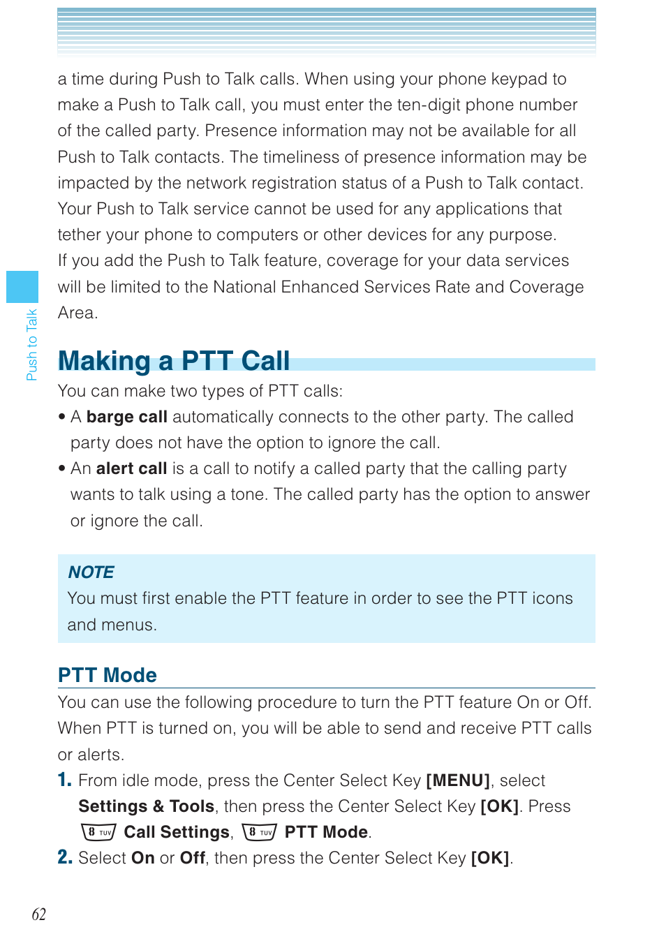 Making a ptt call, Ptt mode | Casio G'zOne Rock User Manual | Page 63 / 201