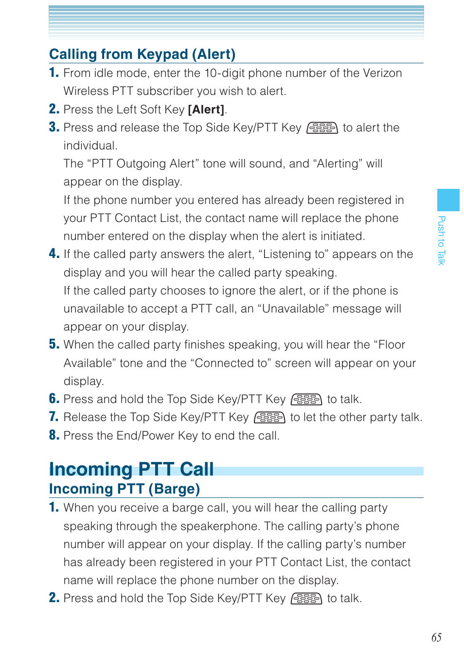 Incoming ptt call, Calling from keypad (alert), Incoming ptt (barge) | Casio G'zOne Rock User Manual | Page 66 / 201
