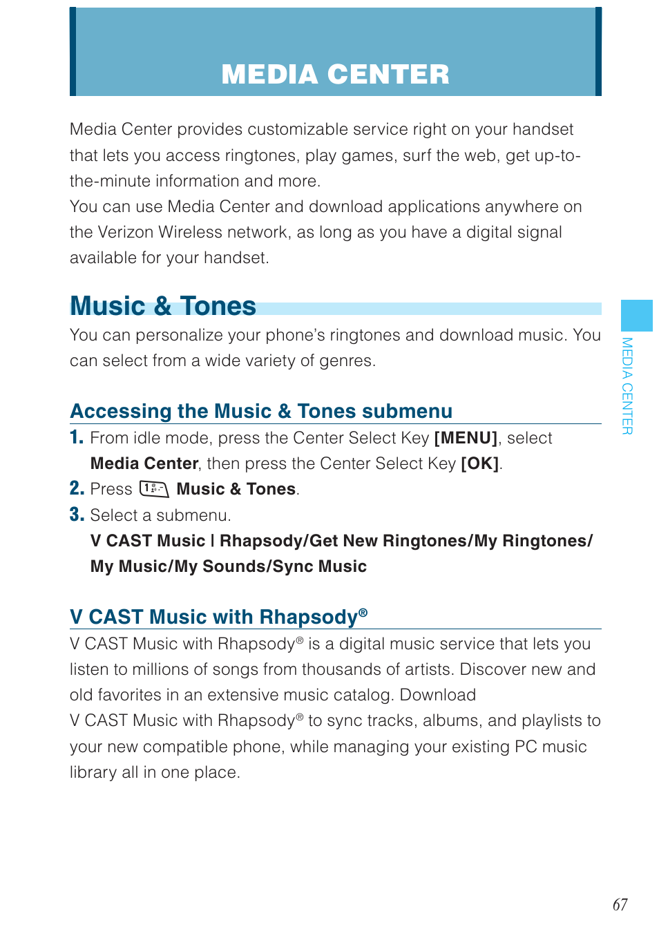 Music & tones, Media center, Accessing the music & tones submenu | V cast music with rhapsody | Casio G'zOne Rock User Manual | Page 68 / 201