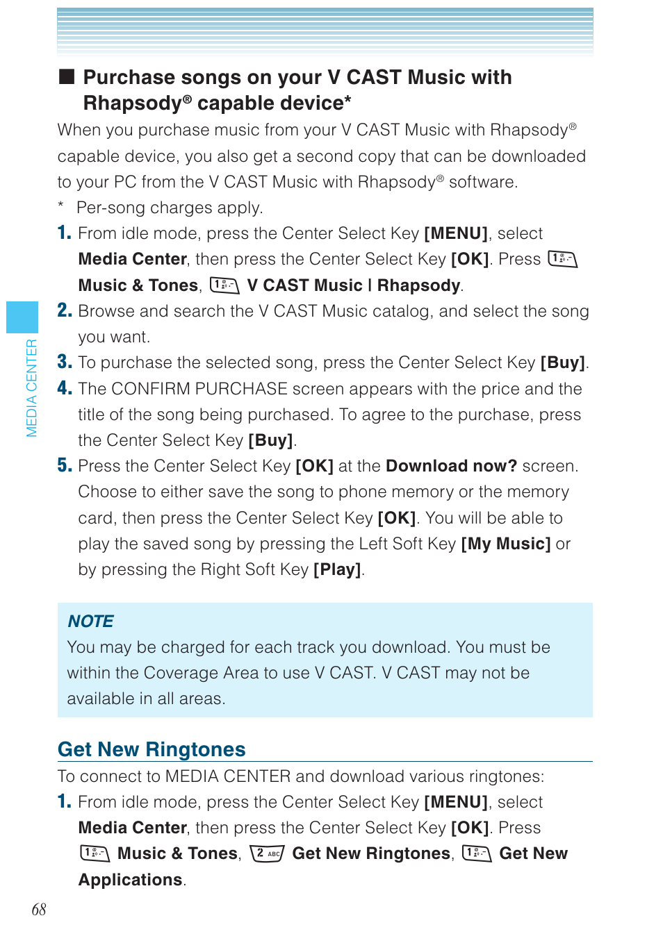 Purchase songs on your v cast music with rhapsody, Capable device, Get new ringtones | Casio G'zOne Rock User Manual | Page 69 / 201