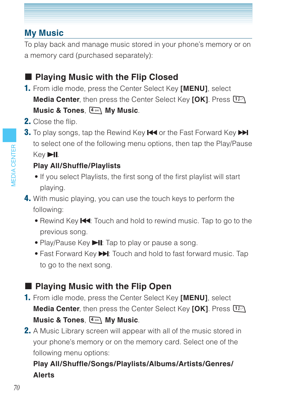 My music, Playing music with the flip closed, Playing music with the flip open | Casio G'zOne Rock User Manual | Page 71 / 201