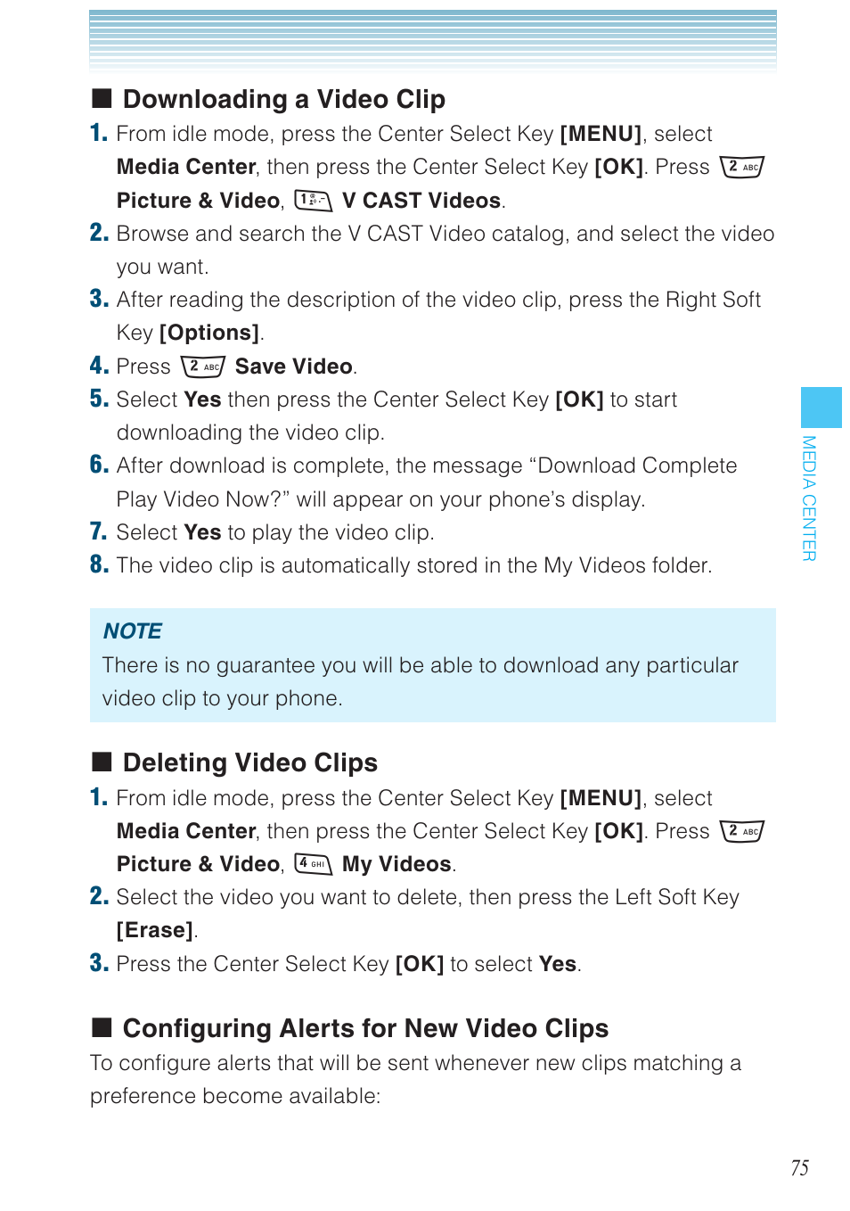 Downloading a video clip, Deleting video clips, Configuring alerts for new video clips | Casio G'zOne Rock User Manual | Page 76 / 201