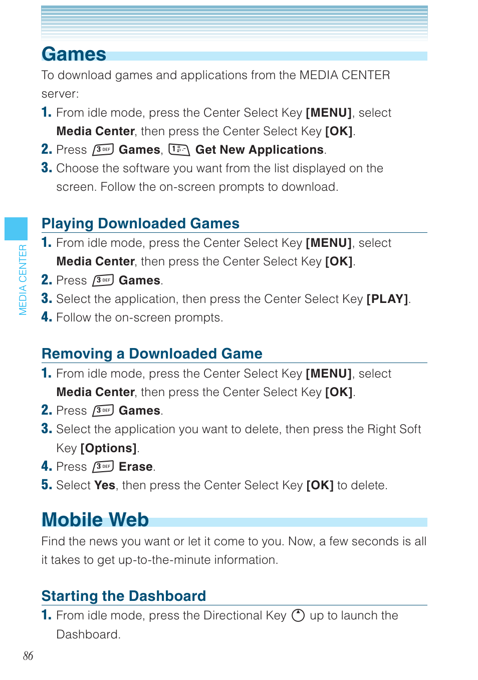 Games, Mobile web | Casio G'zOne Rock User Manual | Page 87 / 201
