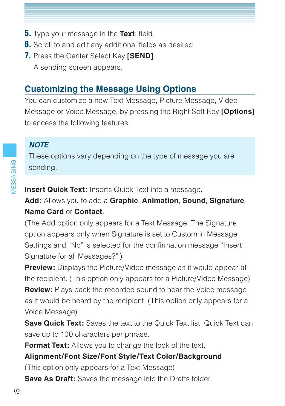 Customizing the message using options | Casio G'zOne Rock User Manual | Page 93 / 201