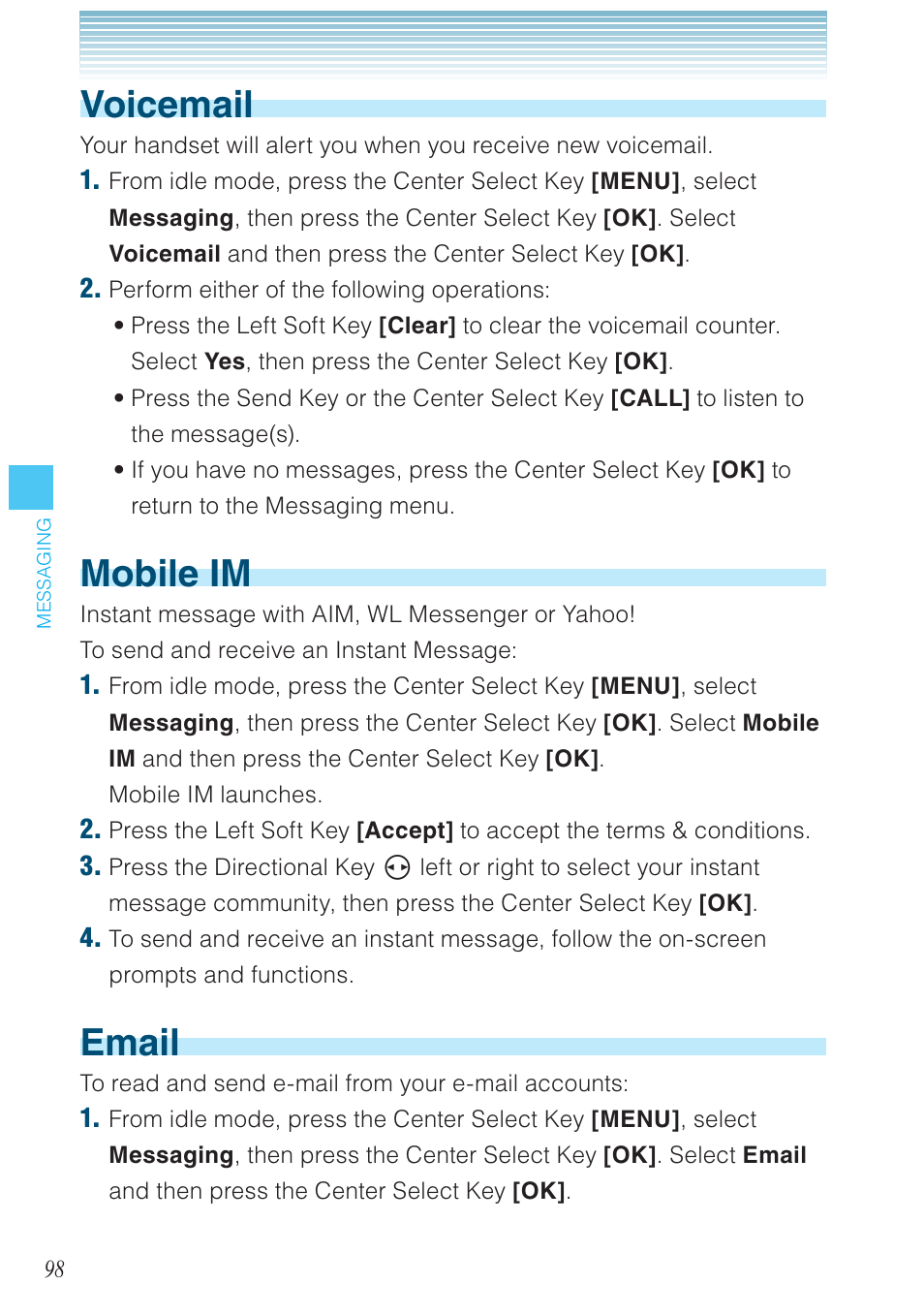 Voicemail, Mobile im, Email | Casio G'zOne Rock User Manual | Page 99 / 201