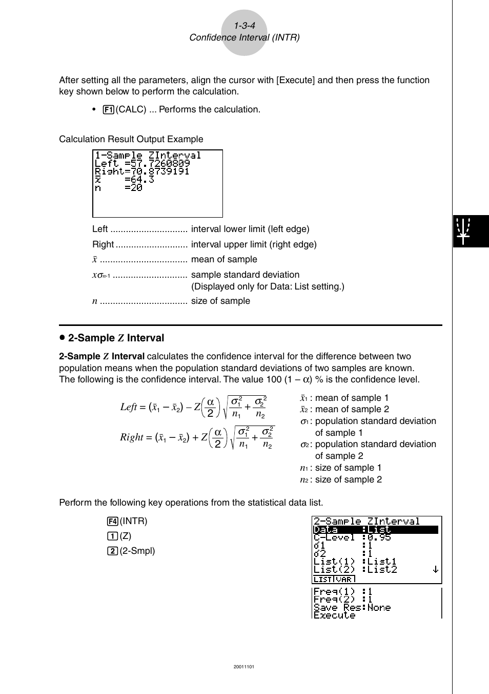 Uuu u u 2-sample z interval, Left = ( o, Z α 2 right = ( o | Z α 2 n, Σ+ n | Casio ALGEBRA FX 2.0 PLUS User Manual | Page 38 / 67