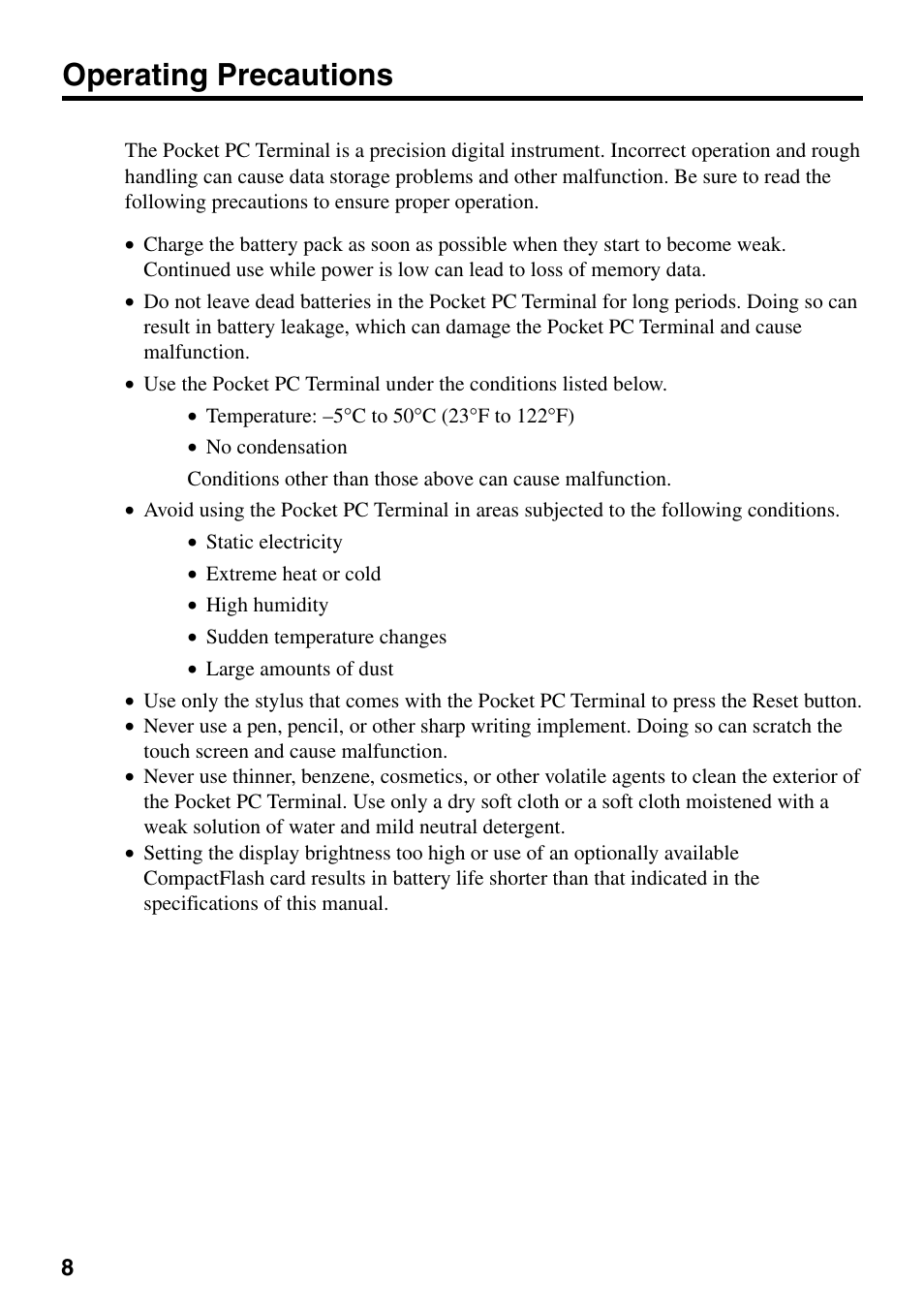 Operating precautions | Casio IT-700/70 User Manual | Page 10 / 63