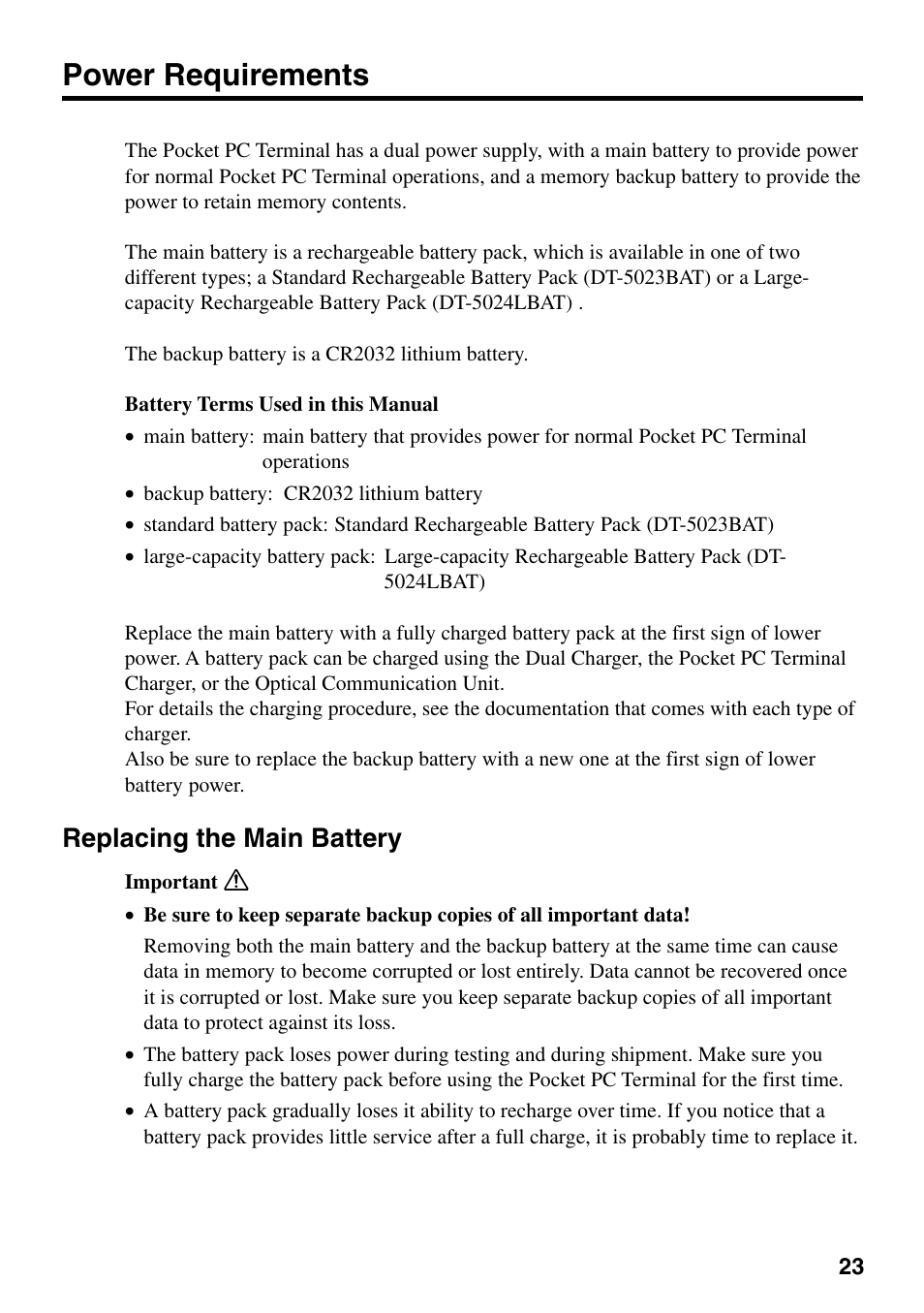 Power requirements, Replacing the main battery | Casio IT-700/70 User Manual | Page 25 / 63