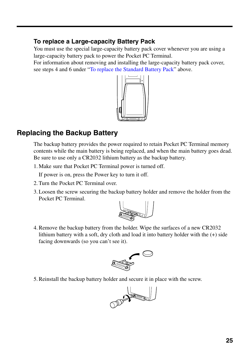 To replace a large-capacity battery pack, Replacing the backup battery | Casio IT-700/70 User Manual | Page 27 / 63