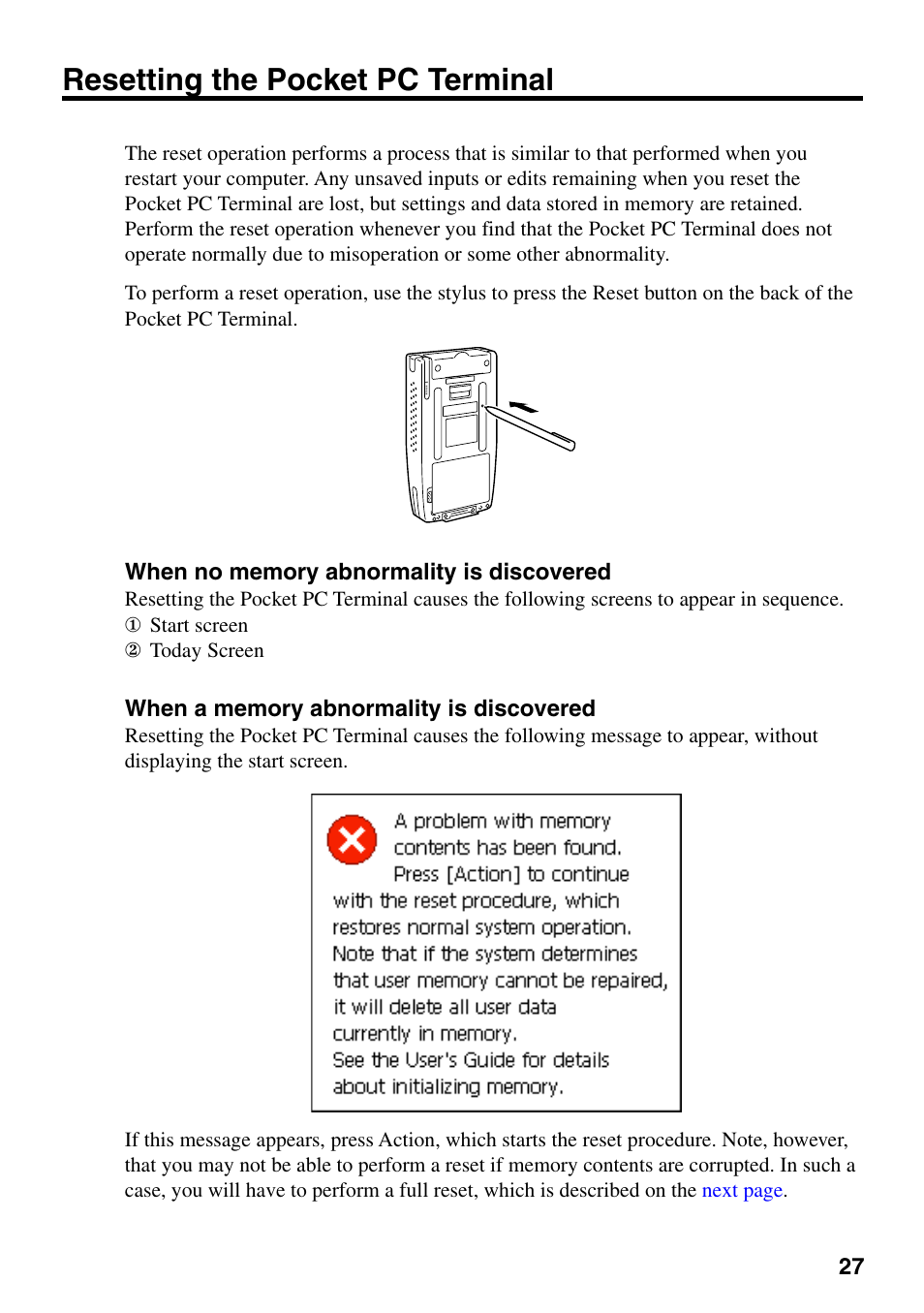 Resetting the pocket pc terminal, When no memory abnormality is discovered, When a memory abnormality is discovered | Casio IT-700/70 User Manual | Page 29 / 63