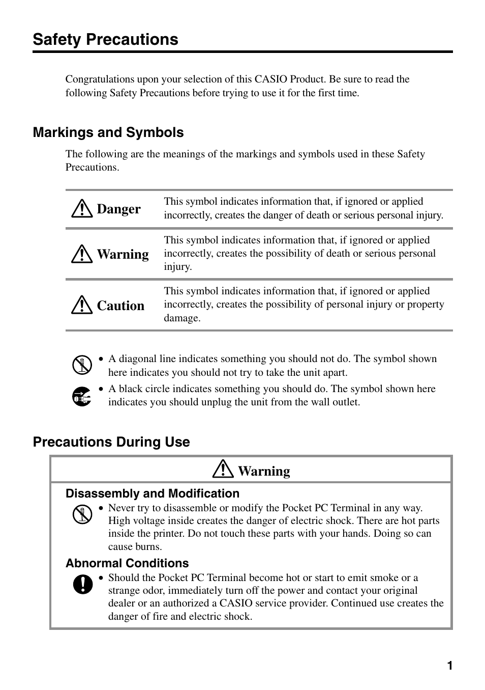 Safety precautions, Markings and symbols, Precautions during use | Warning caution danger, Precautions during use warning | Casio IT-700/70 User Manual | Page 3 / 63