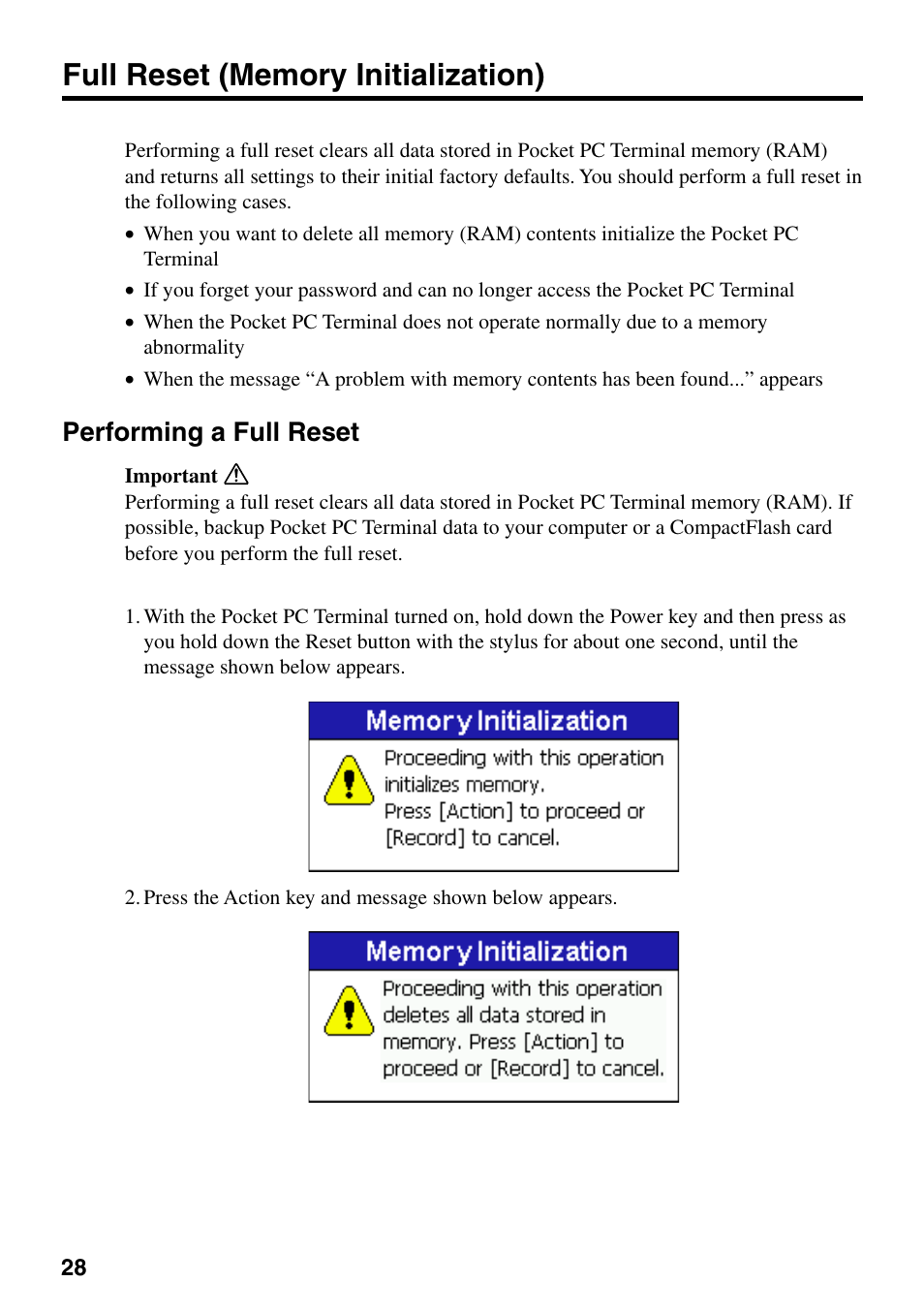 Full reset (memory initialization), Performing a full reset | Casio IT-700/70 User Manual | Page 30 / 63