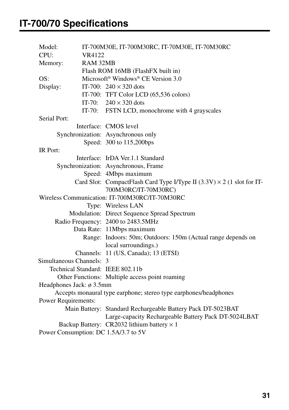 It-700/70 specifications | Casio IT-700/70 User Manual | Page 33 / 63