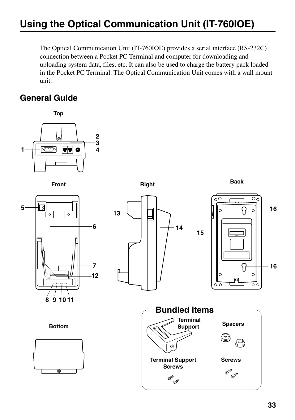 Using the optical communication unit (it-760ioe), General guide, Bundled items | Casio IT-700/70 User Manual | Page 35 / 63