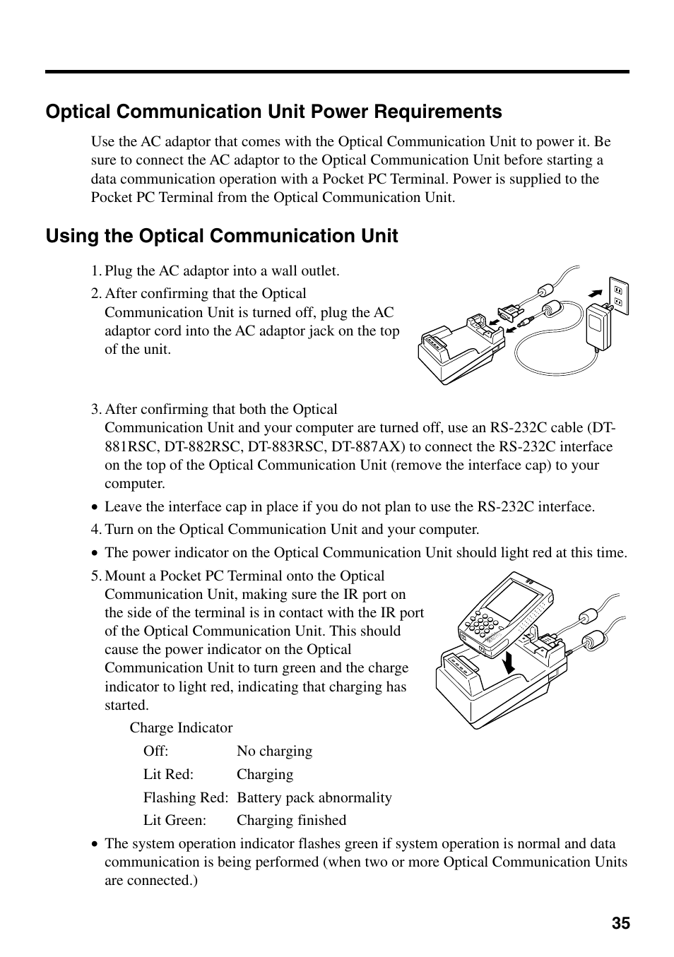 Optical communication unit power requirements, Using the optical communication unit | Casio IT-700/70 User Manual | Page 37 / 63