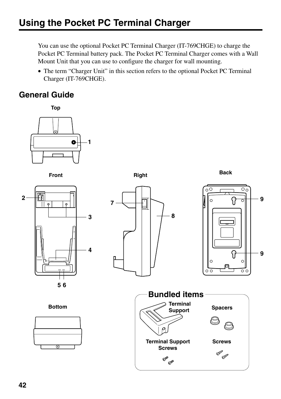 Using the pocket pc terminal charger, General guide, Bundled items | Casio IT-700/70 User Manual | Page 44 / 63