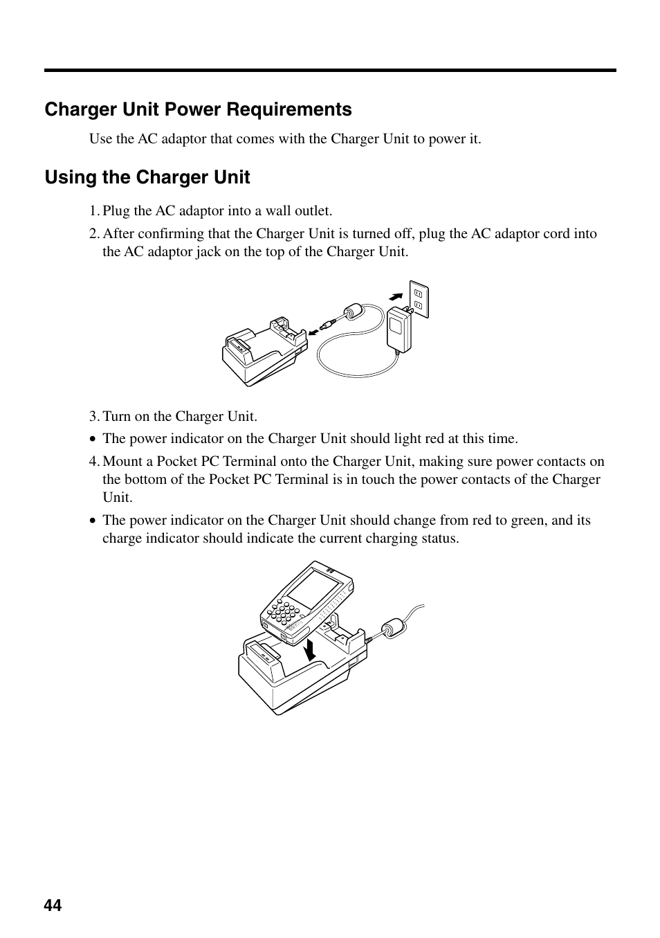 Charger unit power requirements, Using the charger unit | Casio IT-700/70 User Manual | Page 46 / 63