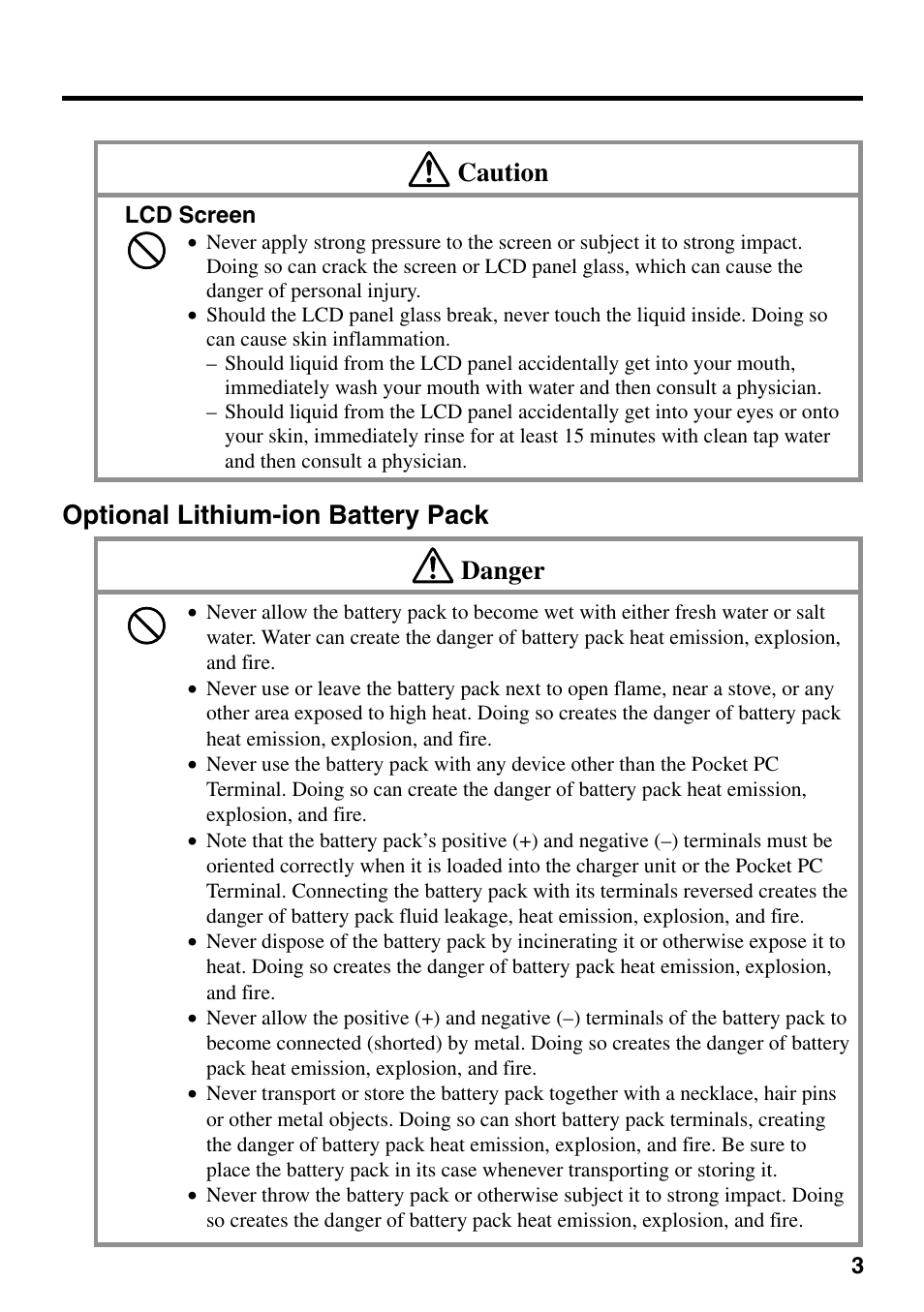 Optional lithium-ion battery pack, Caution, Optional lithium-ion battery pack danger | Casio IT-700/70 User Manual | Page 5 / 63