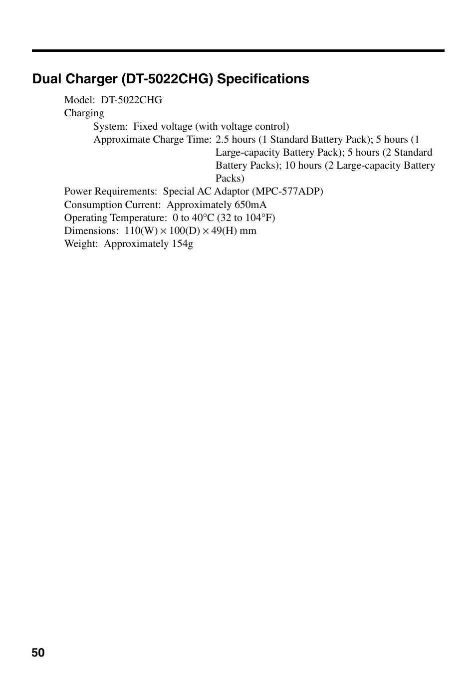 Dual charger (dt-5022chg) specifications | Casio IT-700/70 User Manual | Page 52 / 63