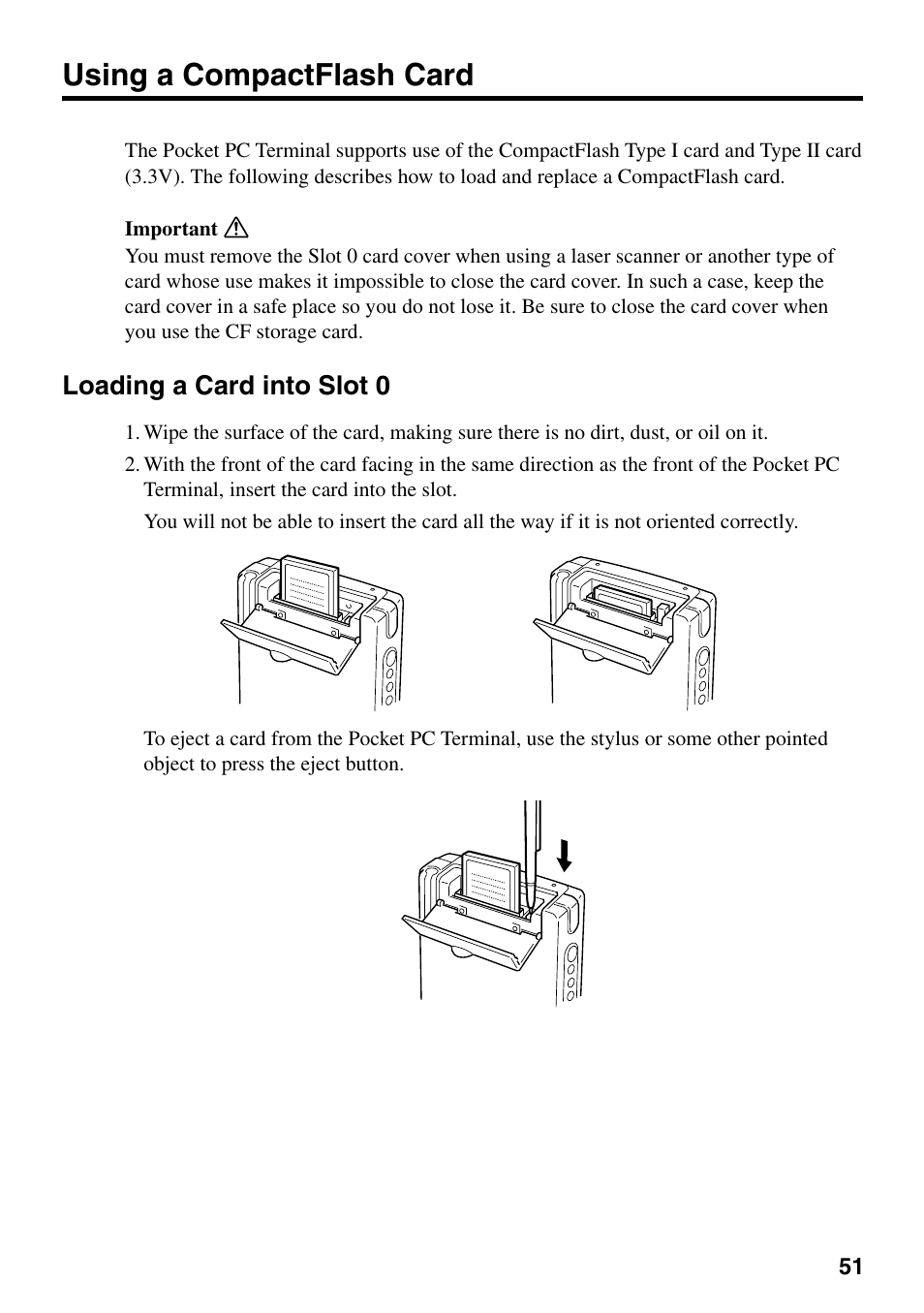 Using a compactflash card, Loading a card into slot 0 | Casio IT-700/70 User Manual | Page 53 / 63