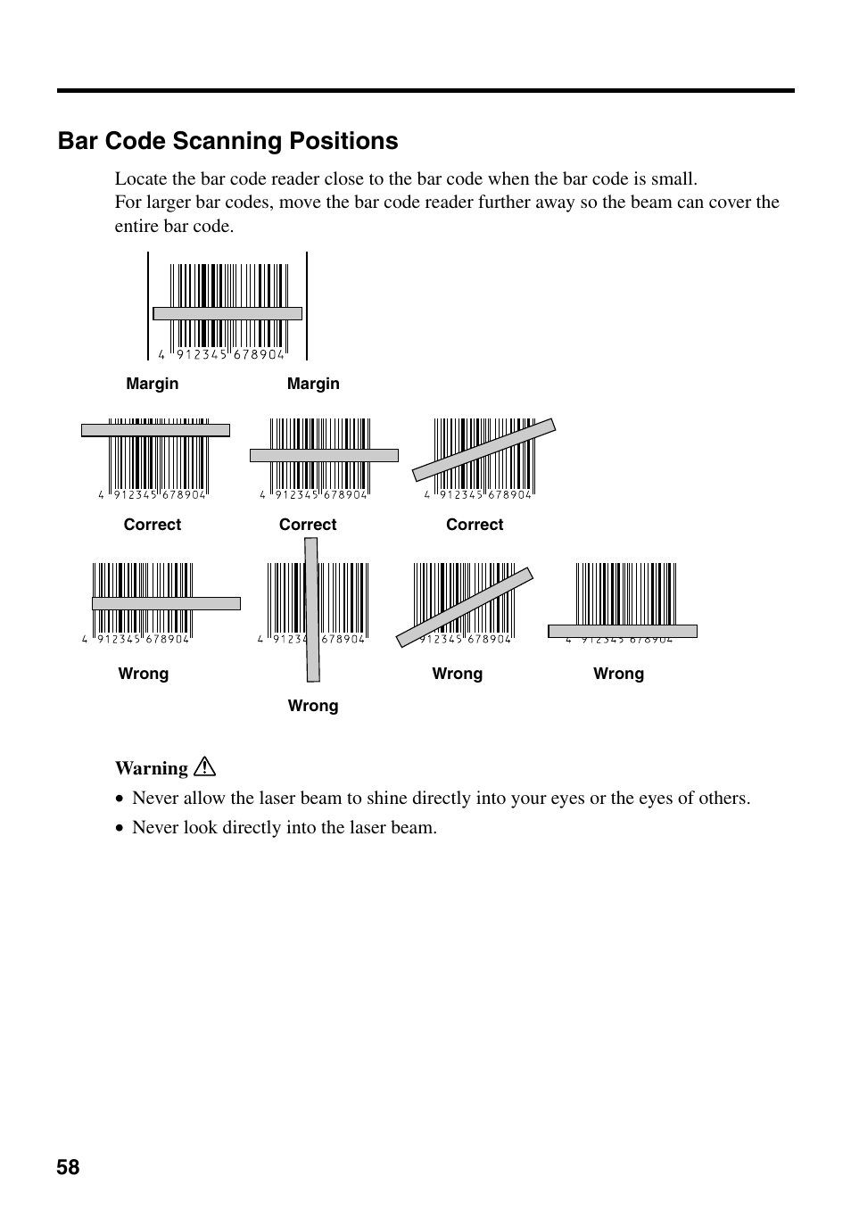 Bar code scanning positions | Casio IT-700/70 User Manual | Page 60 / 63