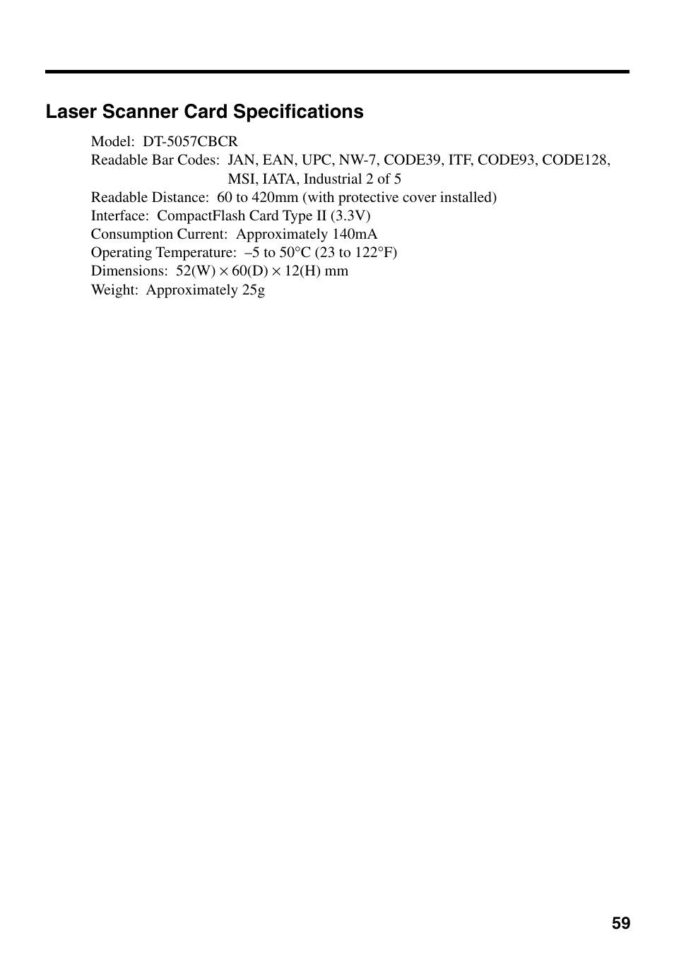 Laser scanner card specifications | Casio IT-700/70 User Manual | Page 61 / 63