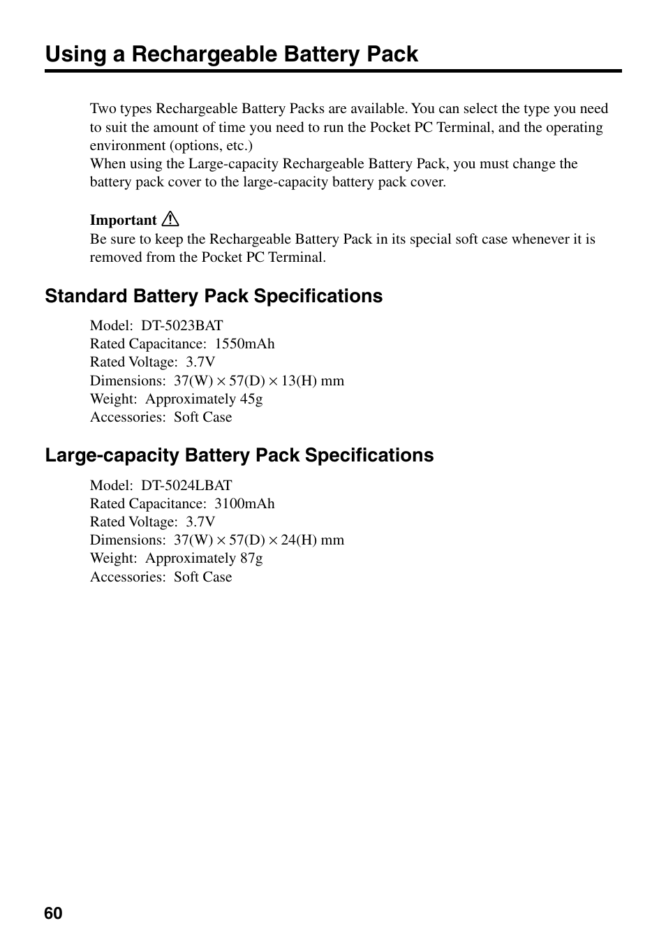 Using a rechargeable battery pack, Standard battery pack specifications, Large-capacity battery pack specifications | Casio IT-700/70 User Manual | Page 62 / 63